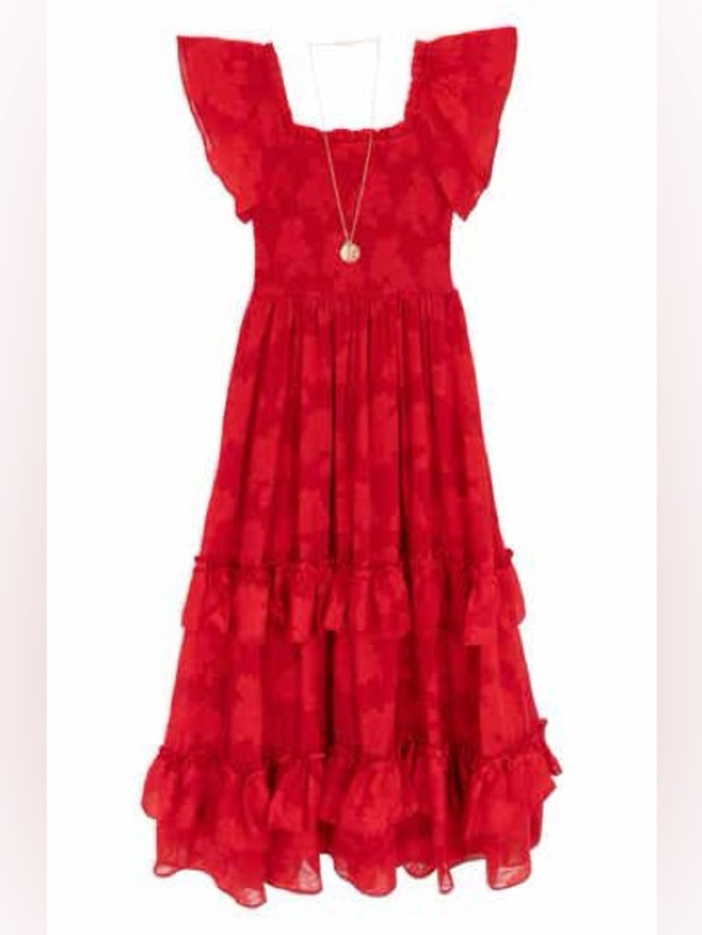 NWT Rare Editions Girls Red Smocked Maxi Dress Size 7 Tiered Ruffle Chiffon Part